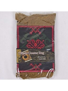 Arabic Rug Set of 4 Drink Coasters Red Black Green Gold Fringed Ends NWT